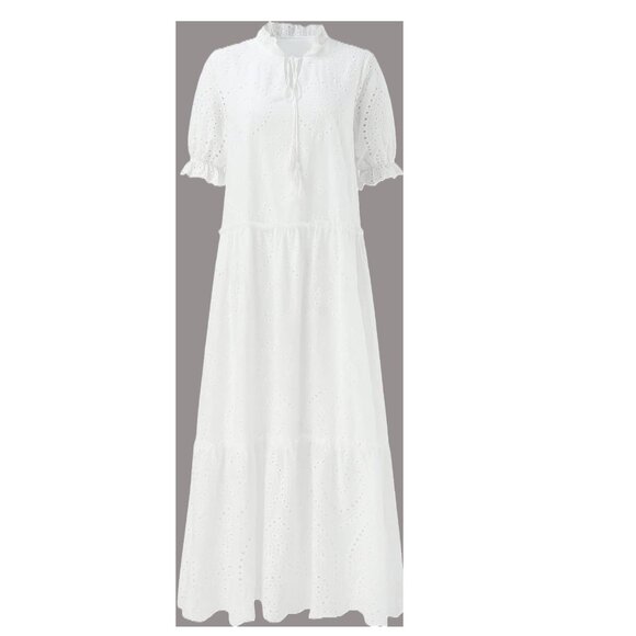 White Boho Summer Dress Lace Eyelet Puff Sleeve Ruffle Neck Tassel Tie S - Picture 3 of 7